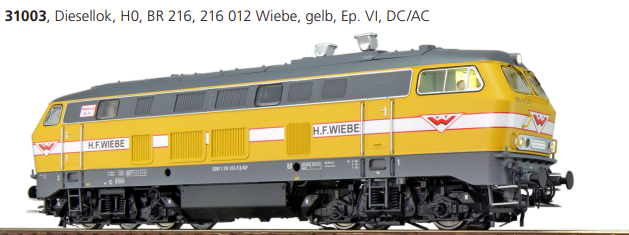 ESU 31003 Diesellok, H0, BR 216, 216 012 Wiebe, gelb, Sound+Rauch, DC/AC