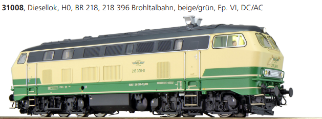 ESU 31008 Diesellok, H0, BR 218, 218 396 Brohltalbahn, beige/grün, Sound+Rauch, DC/AC 	
